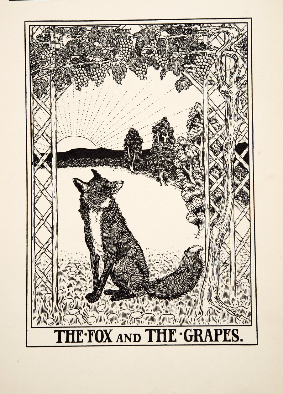 キツネとブドウ、イソップの百寓話、pub.1903 作： パーシー・J・ビリングスハースト
