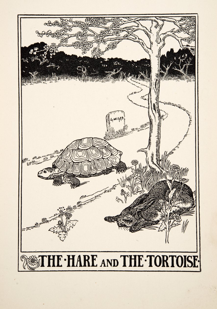 イソップの百寓話からのノウサギとカメ、pub.1903 作： パーシー・J・ビリングスハースト