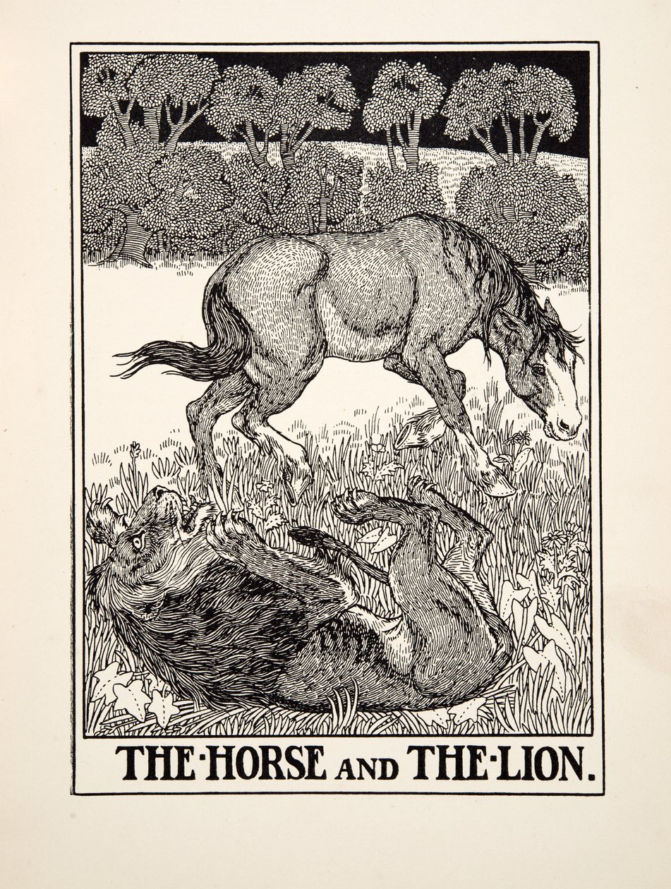 馬とライオン、イソップの百寓話、pub.1903から 作： パーシー・J・ビリングスハースト