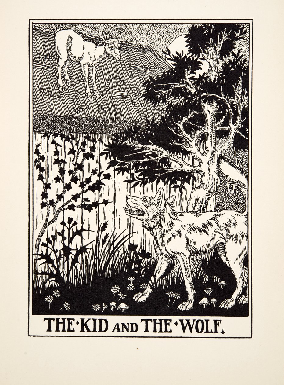 子供と狼、イソップの百寓話、pub.1903 作： パーシー・J・ビリングスハースト