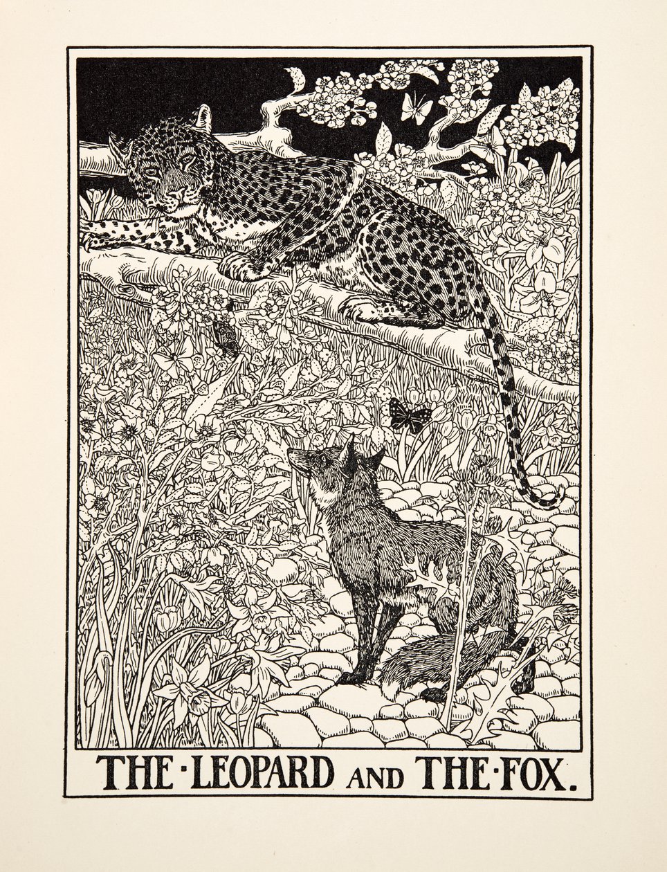 ヒョウとキツネ、イソップの百寓話、pub.1903から 作： パーシー・J・ビリングスハースト