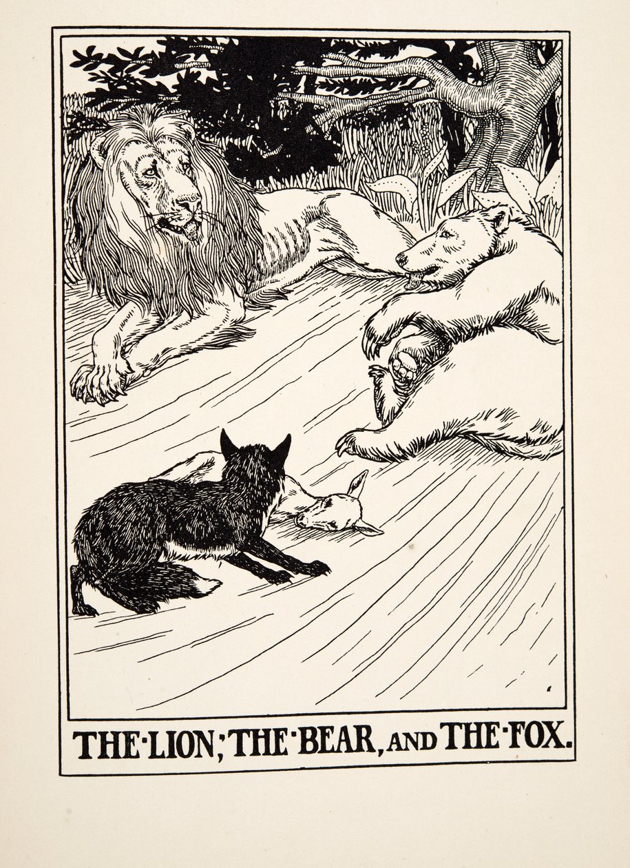 ライオン、クマとキツネ、イソップの百寓話、pub.1903 作： パーシー・J・ビリングスハースト