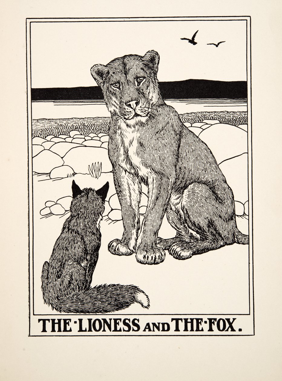 雌ライオンと狐、イソップの百寓話、pub.1903 作： パーシー・J・ビリングスハースト