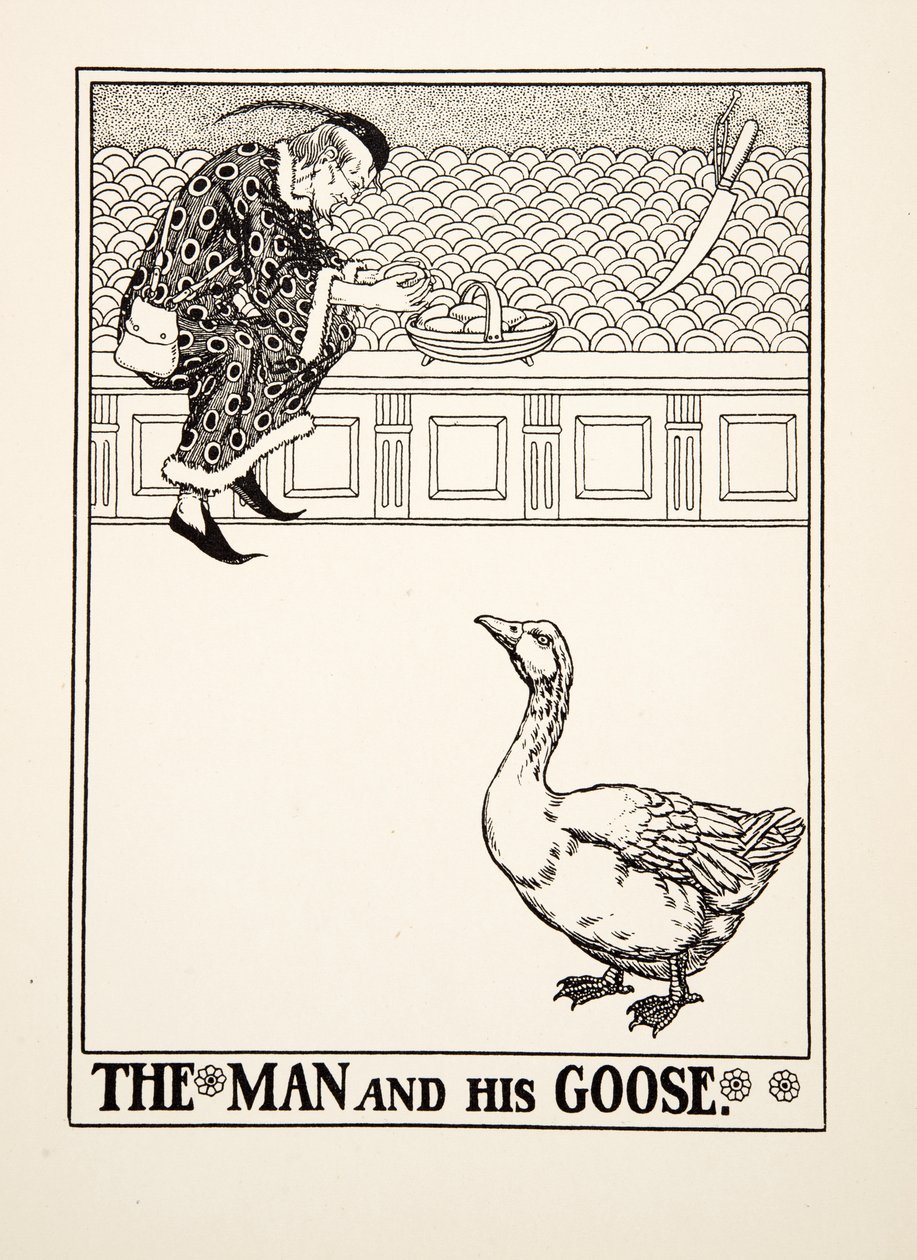 イソップ寓話集』より「男とガチョウ」（1903年刊）（彫刻 作： パーシー・J・ビリングスハースト