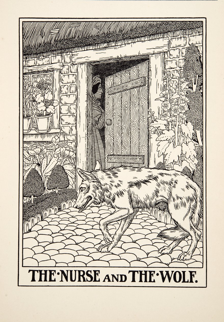 ナースとオオカミ、イソップの百寓話、pub.1903から 作： パーシー・J・ビリングスハースト