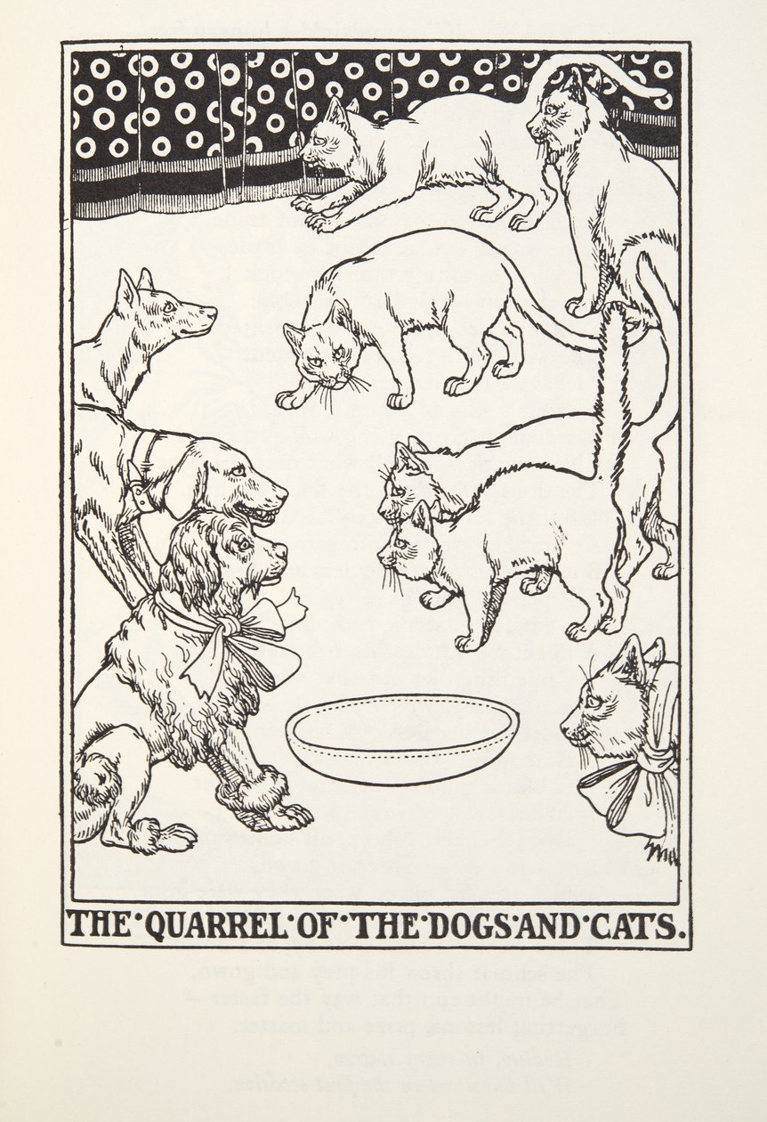 フォンテーヌ寓話、パブからの犬と猫の喧嘩。 1905 作： パーシー・J・ビリングスハースト