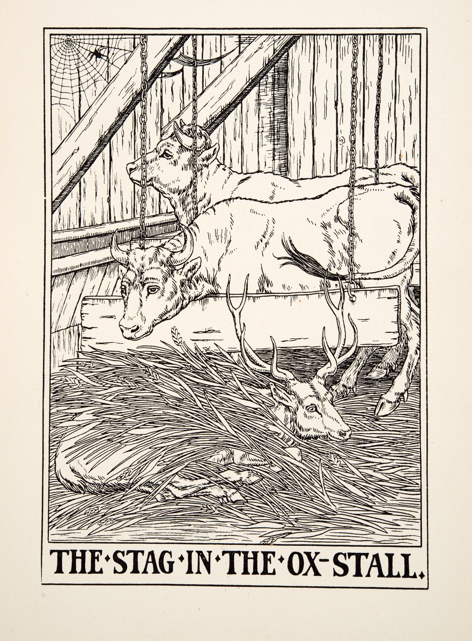 イソップ寓話集』より「牛小屋の牡鹿」（1903年刊）（彫刻 作： パーシー・J・ビリングスハースト