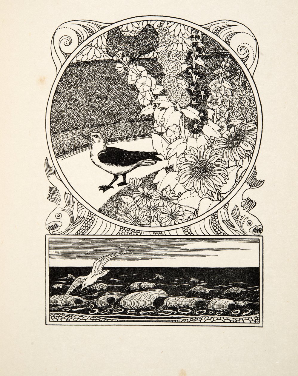 飼いならされたカモメ（『動物百景』より）。1924年に出版されたもので、彫刻です。 作： パーシー・J・ビリングスハースト