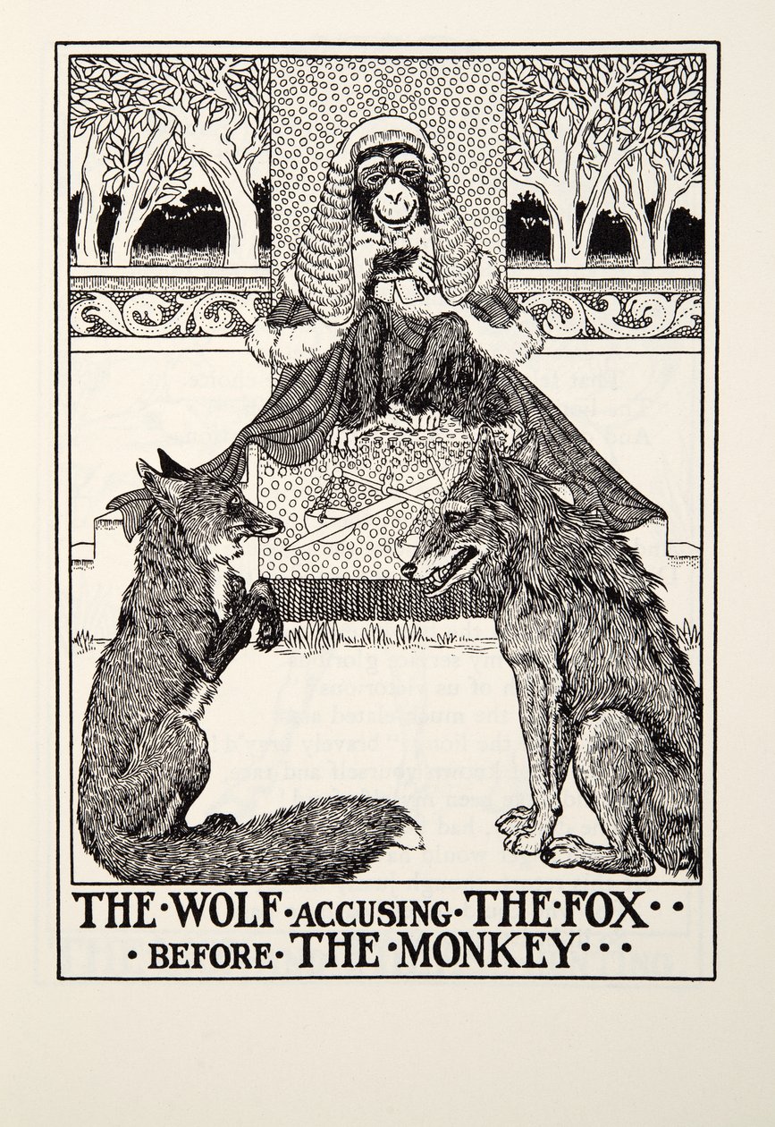 フォンテーヌ寓話、パブから猿の前にキツネを非難するオオカミ。 1905 作： パーシー・J・ビリングスハースト