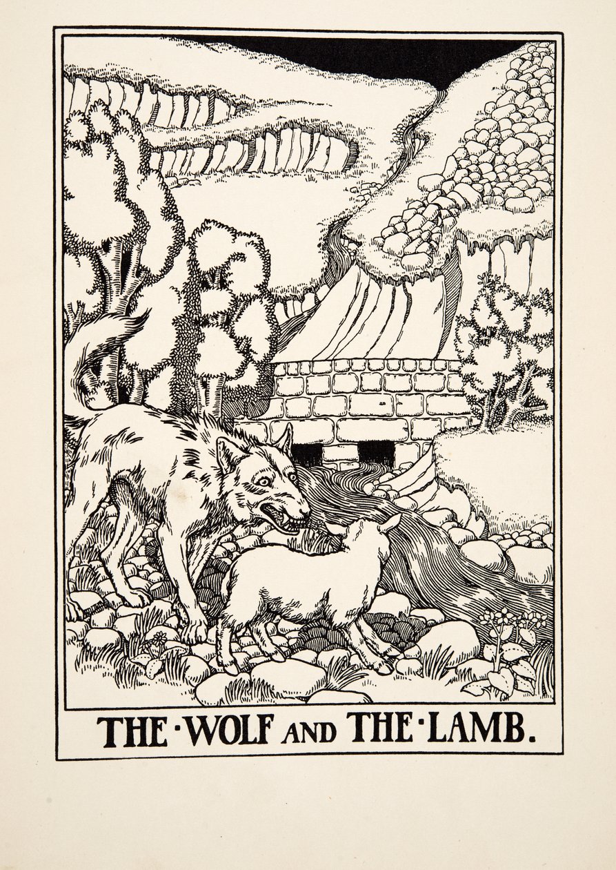 オオカミと子羊、イソップの百寓話、pub.1903 作： パーシー・J・ビリングスハースト
