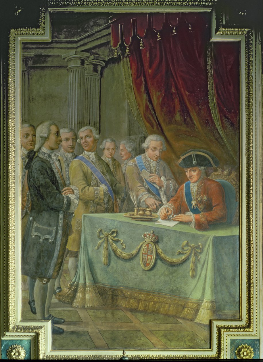 チャールズ 3 世 (1716-88) は、アジアおよびフィリピンとの貿易を認可する法令に署名します。 作： ペレ・パウ・ムンターニャ