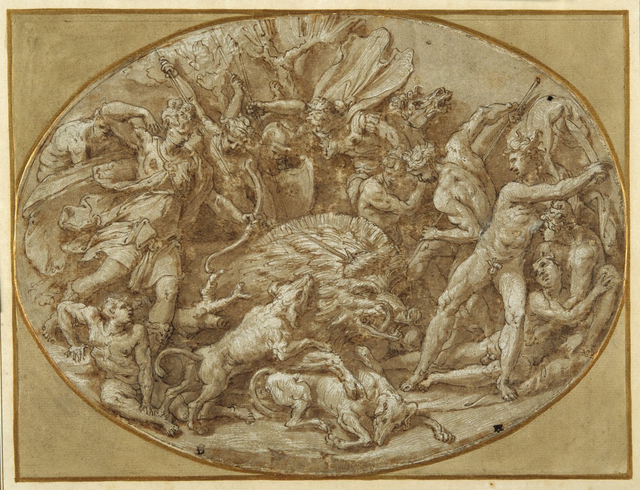 The Hunt of the Calydonian Boar（紙にペンとインク、ブラウンウォッシュとホワイトハイトニング 作： ペリーノデルヴァガ