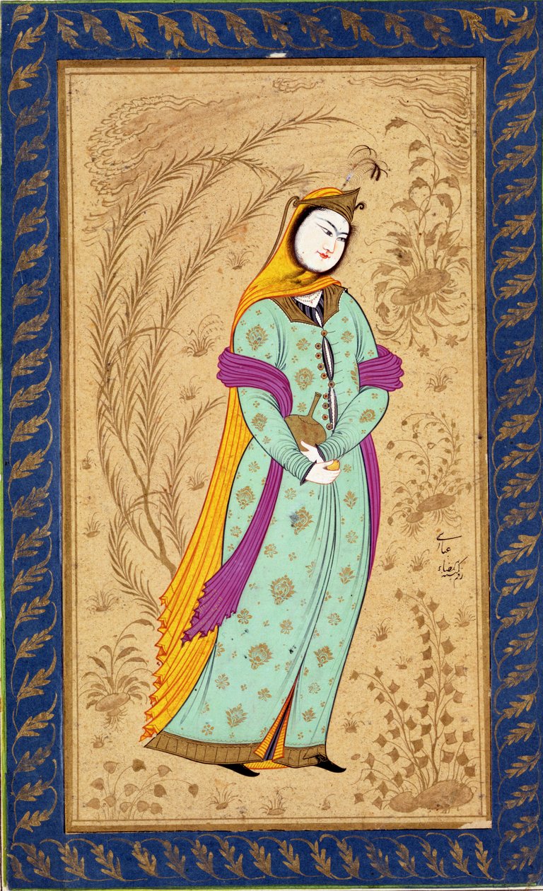 ラージクライヴアルバムc.1630-35のワインの器と梨を抱えた少女 作： ペルシャ語学校