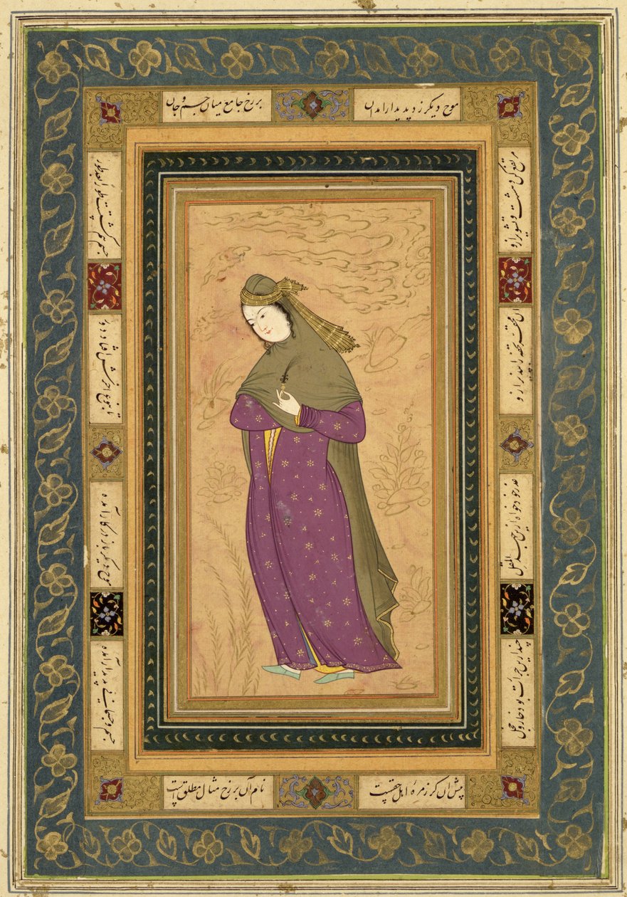 ラージクライヴアルバムのアイグレットを持つ少女、c.1620-30 作： ペルシャ語学校