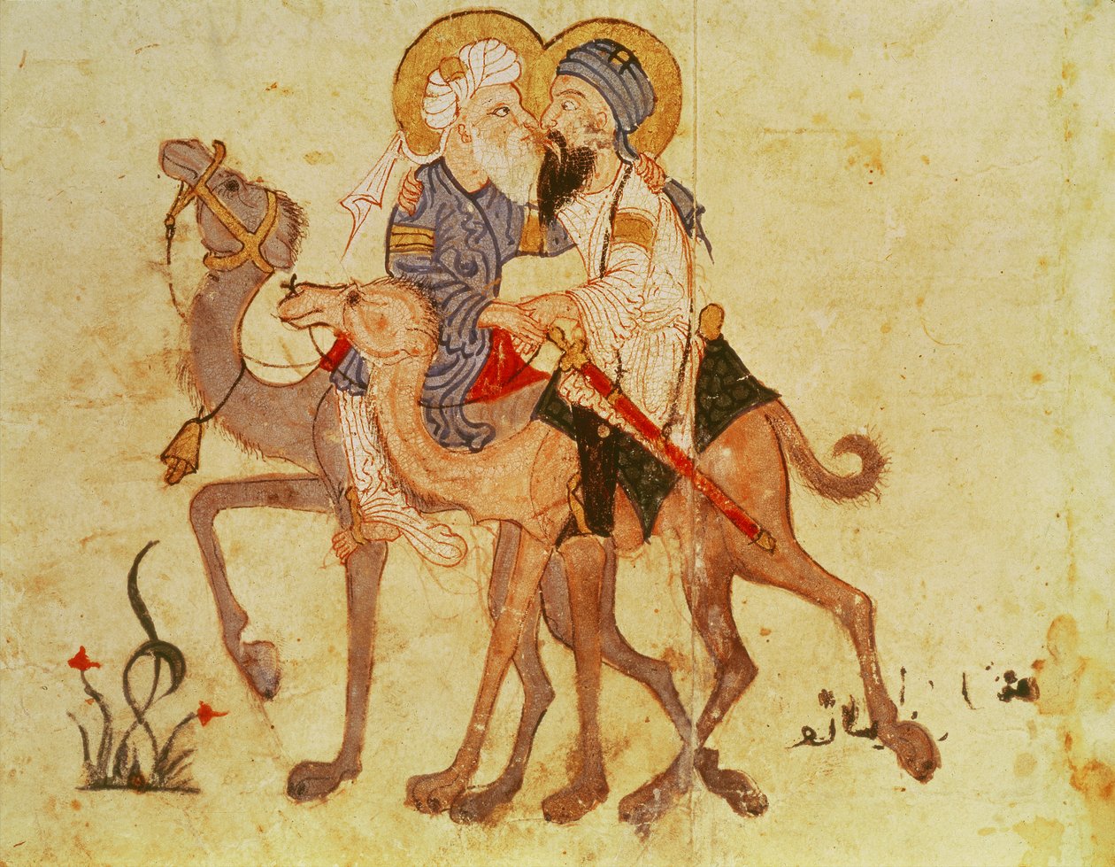 Ms Ar 3929 f.122、Al-Haririによる &39;Al Maqamat&39;（The Meetings）からメッカに戻る前のアブザイドとアルハリスの別れ、c.1240（ベラムのガッシュ） 作： ペルシャ語学校