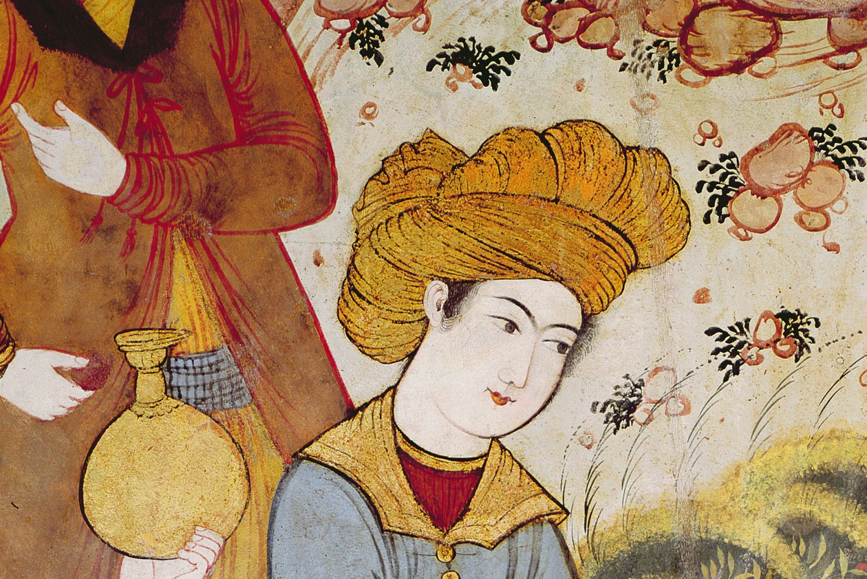 シャー・アッバス1世（1588〜1629年）と公爵夫人が果物と飲み物を提供（公爵夫人の頭を描いた155563の詳細） 作： ペルシャ語学校