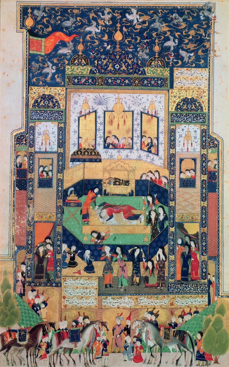 シリンの死、エリアス・ネザミ（1140-1209）による「コスロとシリン」のイラスト、1504年（紙にガッシュと金箔） 作： ペルシャ語学校