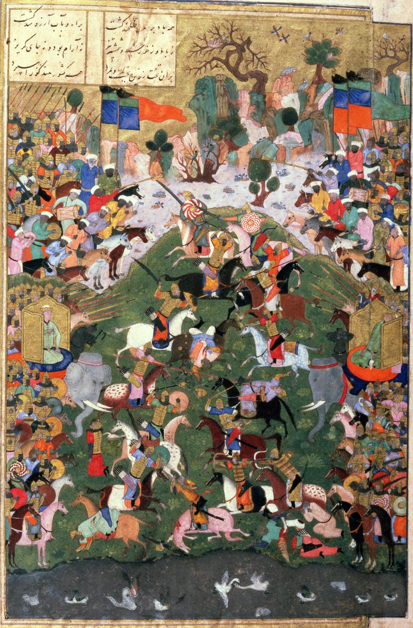 チェスの起源：ガウとタルハンドの戦い、Shahnama（Book of Kings）のイラスト、Abul-Qasim Manur Firdawsi（c.934-c.1020）c.1440-45（ペン、インク、ベラムのインク） 作： ペルシャ語学校