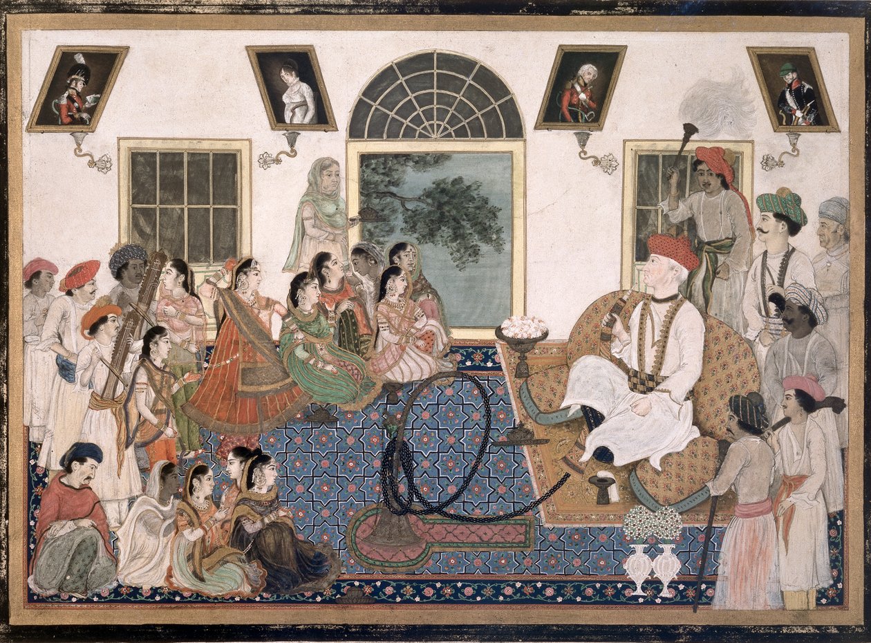 ヨーロッパ人、おそらくデビッド・オクタロニー卿（1758-1825）、インドのドレスを着て、水ギセルを吸って、デリーの彼の家でナッチを見ている、1820年頃（紙にインクとカラー） 作： ペルシャ語学校