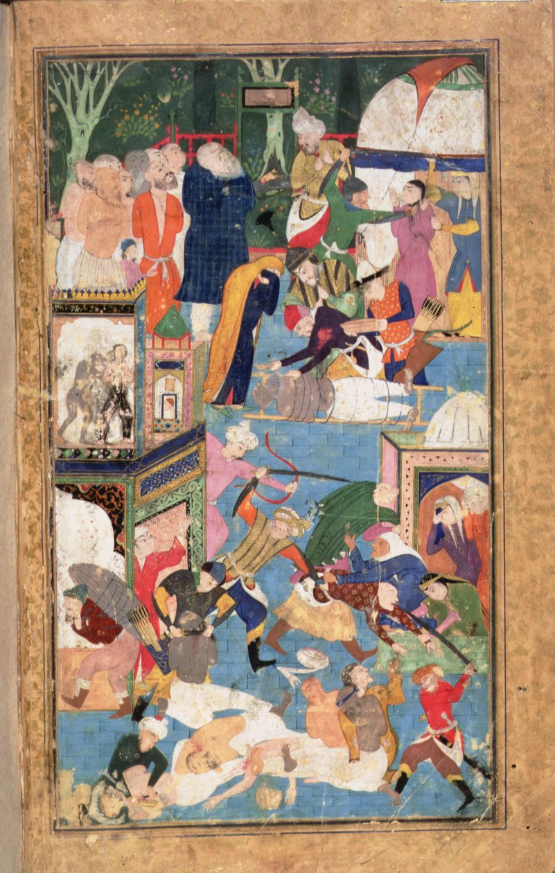 追加 22703 fol.52v 1387 年のイスファハーンの略奪。ティムールの軍隊が略奪、略奪、殺害を行っている様子を示しています。 作： ペルシャ語学校