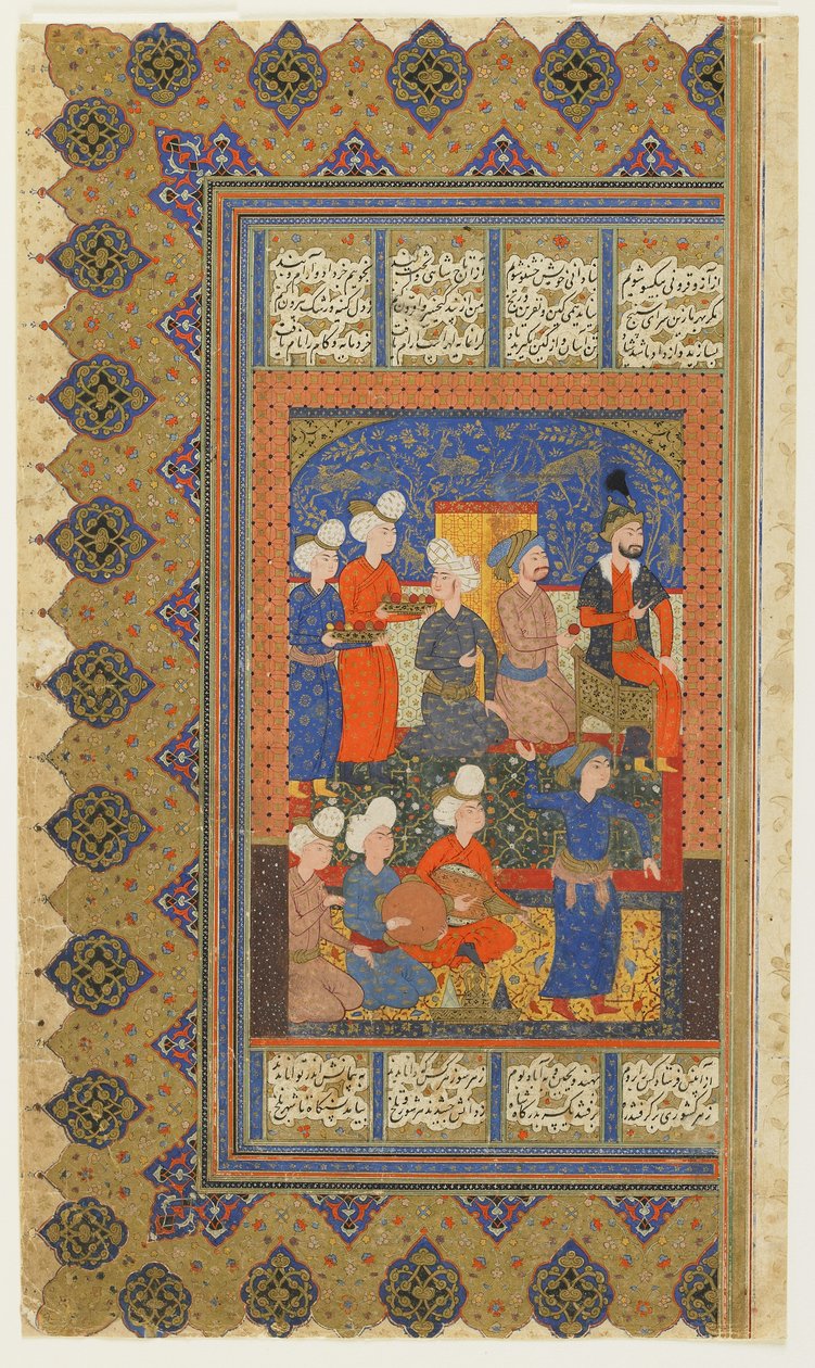 FirdawsiによってShahnama（王の書）から即位したLuhraspの廷臣、c.1590-1600（インク、不透明な水彩画、紙に金） 作： ペルシャ語学校