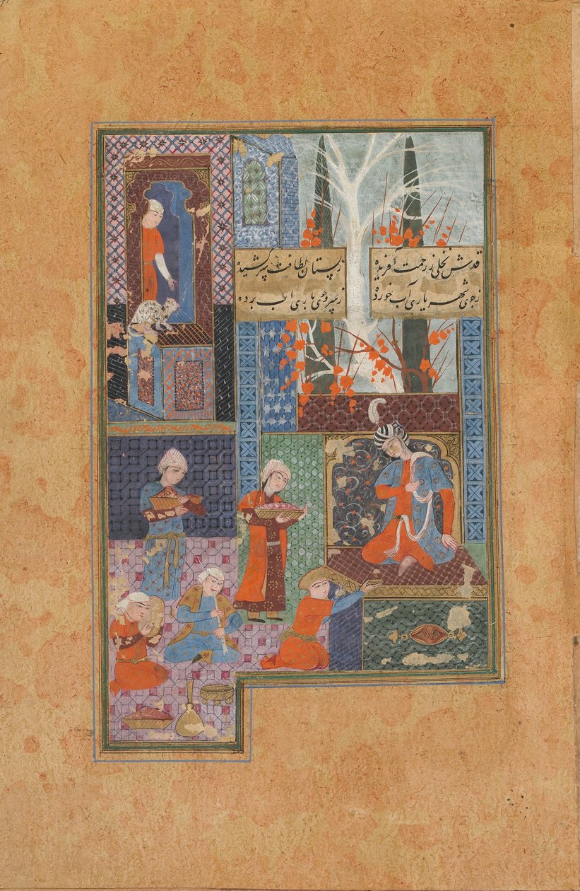 ジャミ（d。1492）によるディバン（収集された詩）からのフォリオ。プリンスとアテンダント（紙に不透明な水彩画、インク、金） 作： ペルシャ語学校
