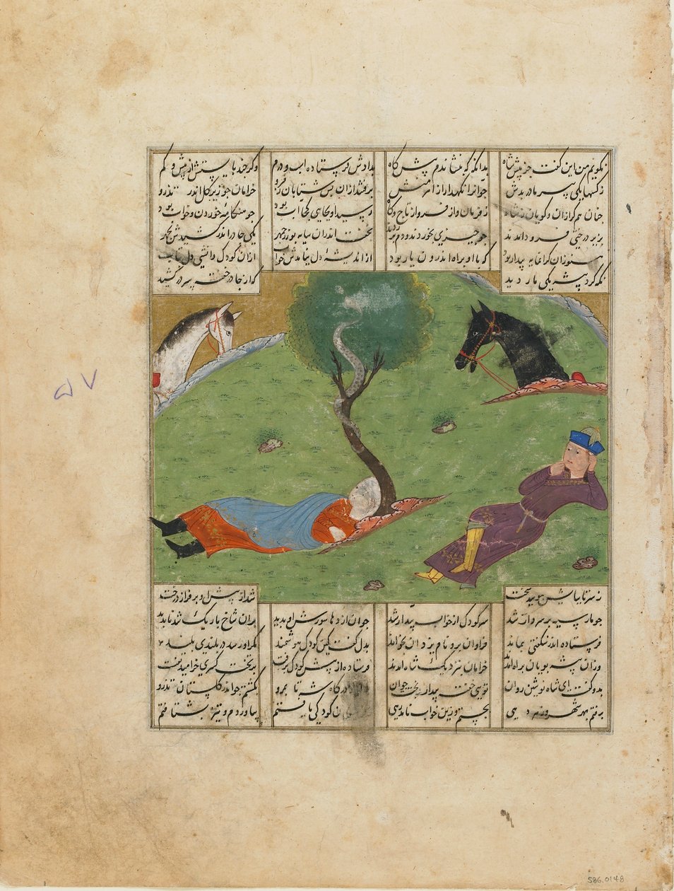 Firdawsi（d.1020）によるShahnama（Book of Kings）のフォリオ。直訳：Nushirwans Dream、Iran、c.1440（不透明な水彩、インク、紙の上の金） 作： ペルシャ語学校