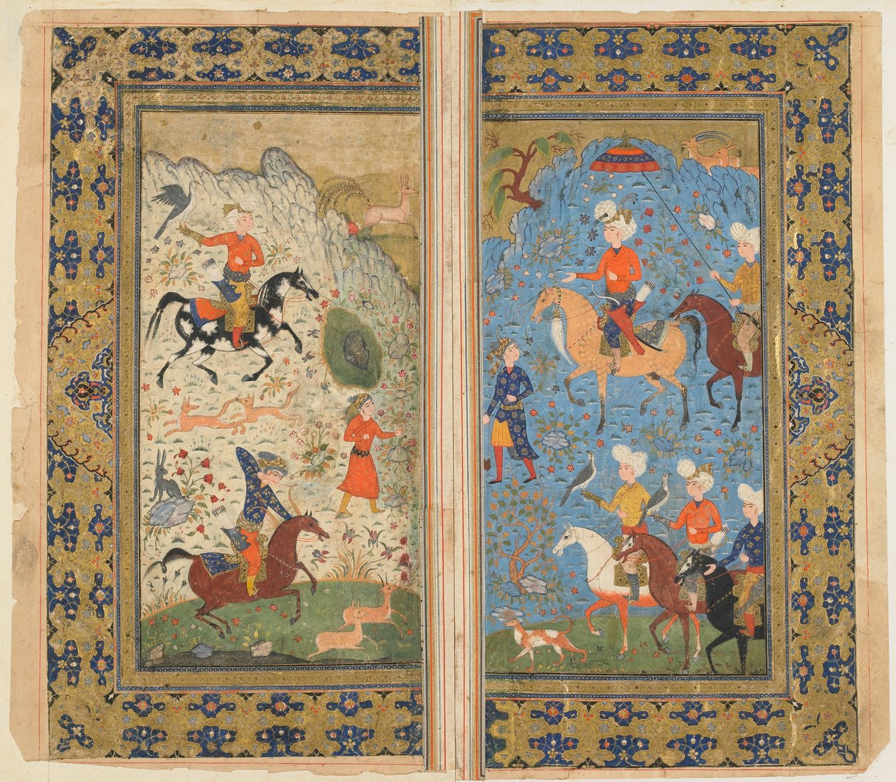 FirdawsiによるShahnama（Books of Kings）のフォリオ。王室狩猟、イラン、1590年-1600年頃（不透明な水彩、インク、紙の上の金） 作： ペルシャ語学校