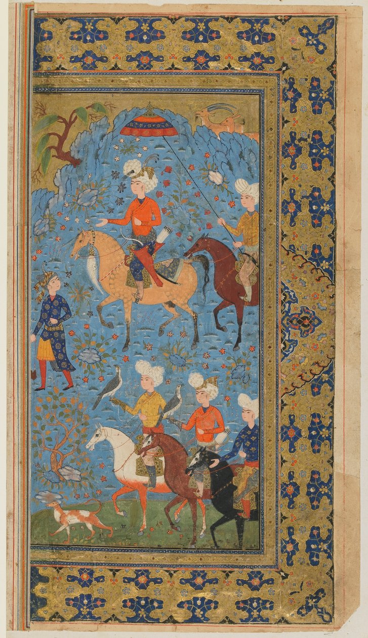 FirdawsiによるShahnama（Books of Kings）のフォリオ。王室狩猟、イラン、1590年-1600年頃（不透明な水彩、インク、紙の上の金） 作： ペルシャ語学校