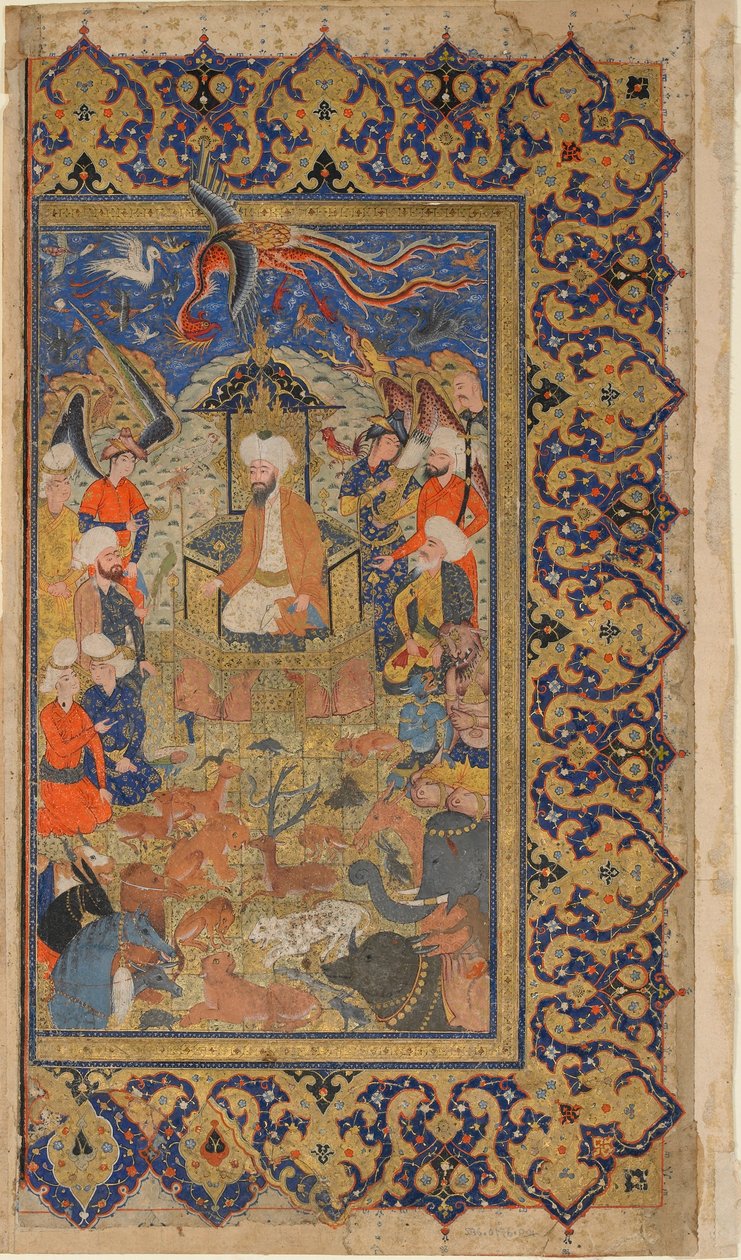 FirdawsiのShahnama（Book of kings）のフォリオ。 verso：Sulayman Enthroned、Shiraz、Fars、Iran、Safavid period、c.1590-1600（opaque watercolour、ink and gold on paper） 作： ペルシャ語学校