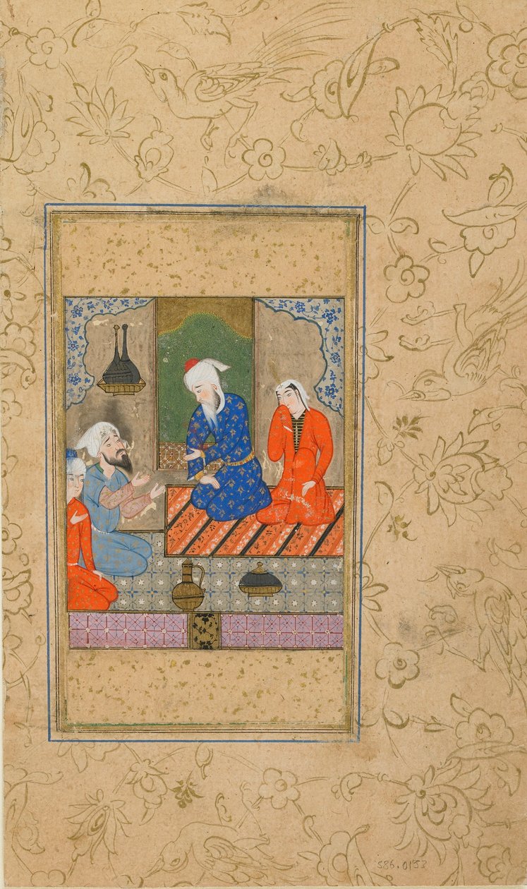 ヤミによるユスフ・ズライカのフォリオ（d。1492）;ズライカと老人が会話を聞く、おそらくイランのマシュハド、1560-70年頃（不透明な水彩画、インク、紙の上の金） 作： ペルシャ語学校