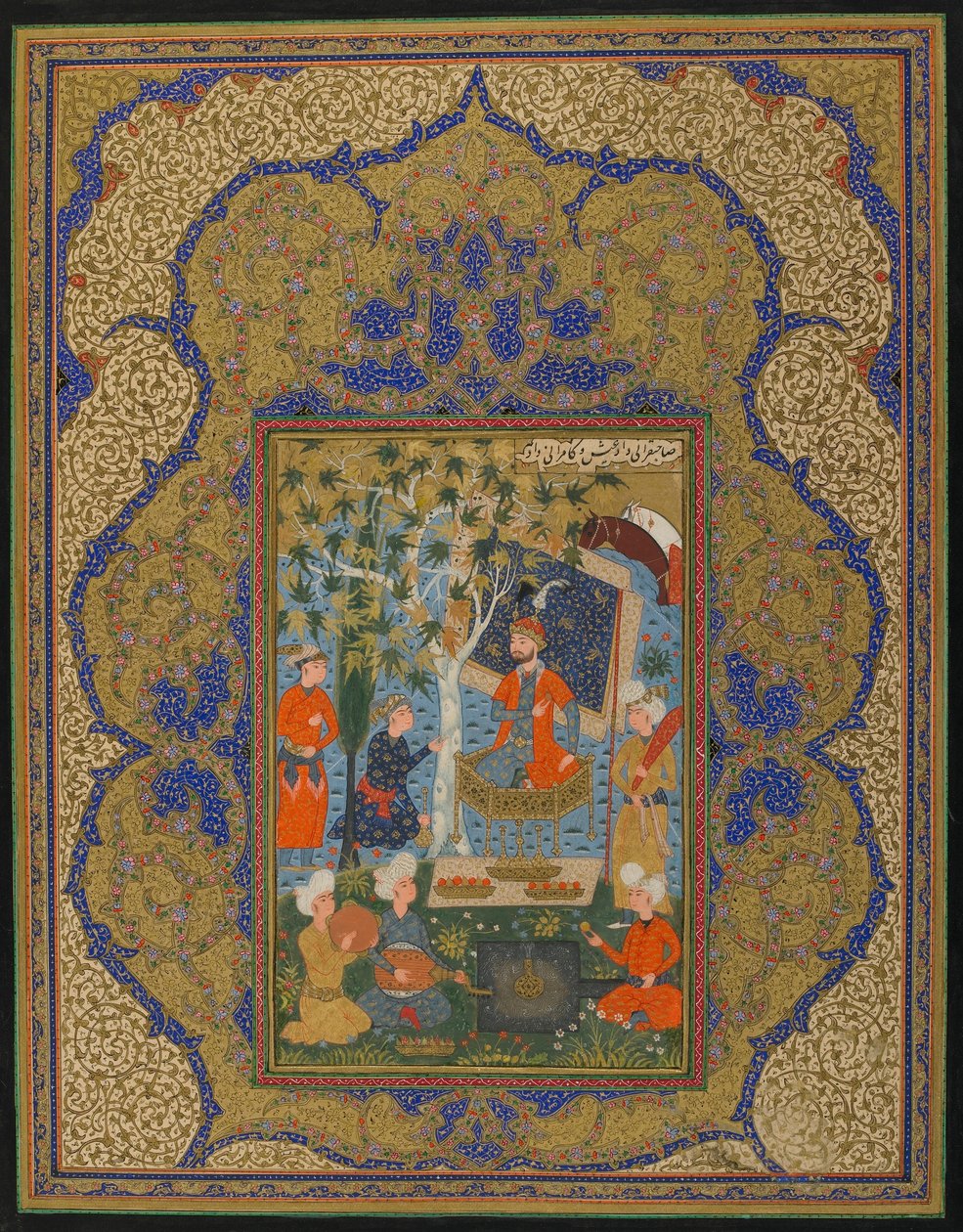 正体不明のテキストからのフォリオ。即位した定規、おそらくイランのクラサン、1590年頃（不透明な水彩画、インク、紙の上の金） 作： ペルシャ語学校