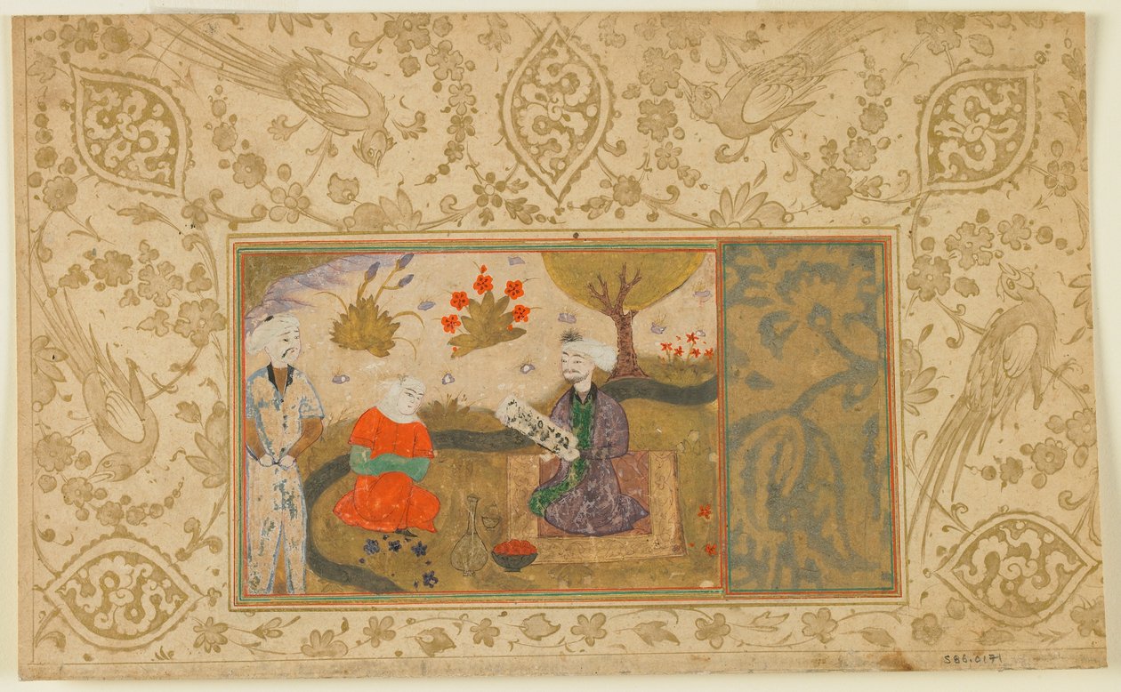 正体不明のテキストからのフォリオ。イランの小川に座る女と会話する女性、1500年頃（不透明な水彩、インク、紙の上の金） 作： ペルシャ語学校