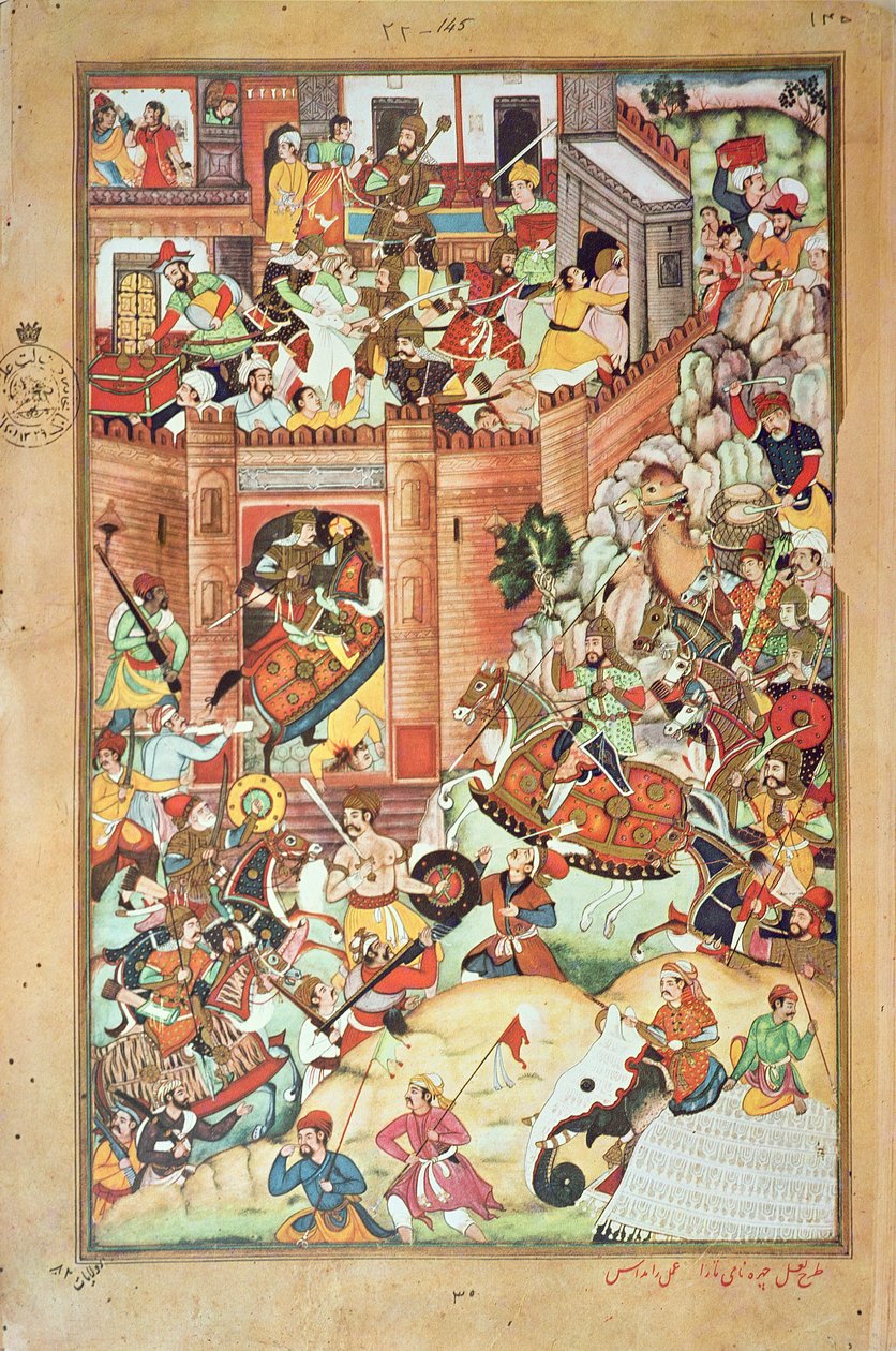 チンギス・ハーンが中国の町を占領する様子（1596年に完成した「チンギス・ハーンのペルシャ史」からの縮図 作： ペルシャ語学校
