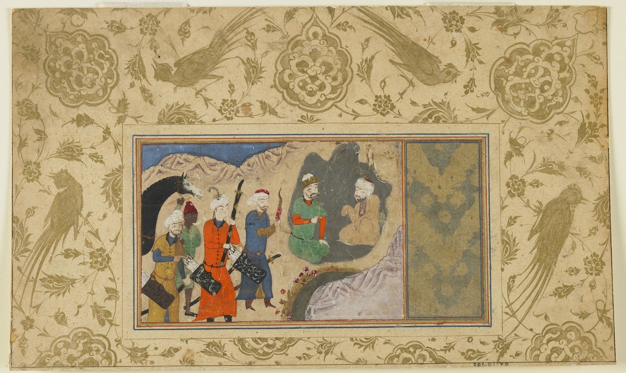 イスカンダルは隠者、c.1500（不透明な水彩、インク、紙に金）を訪問 作： ペルシャ語学校
