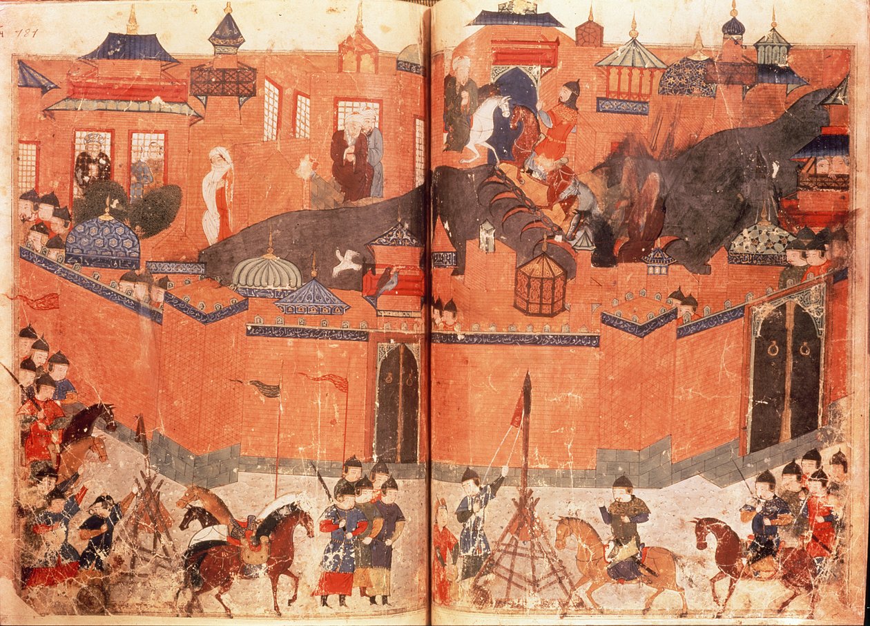 Ms.Sup.Pers.1113.f.180v-181 1258年にバグダッドを襲撃し、占領したフラグ・ハーン率いるモンゴル軍（ラシッド・アル＝ディン（1247～1318）の本より）（ヴェラム紙 作： ペルシャ語学校