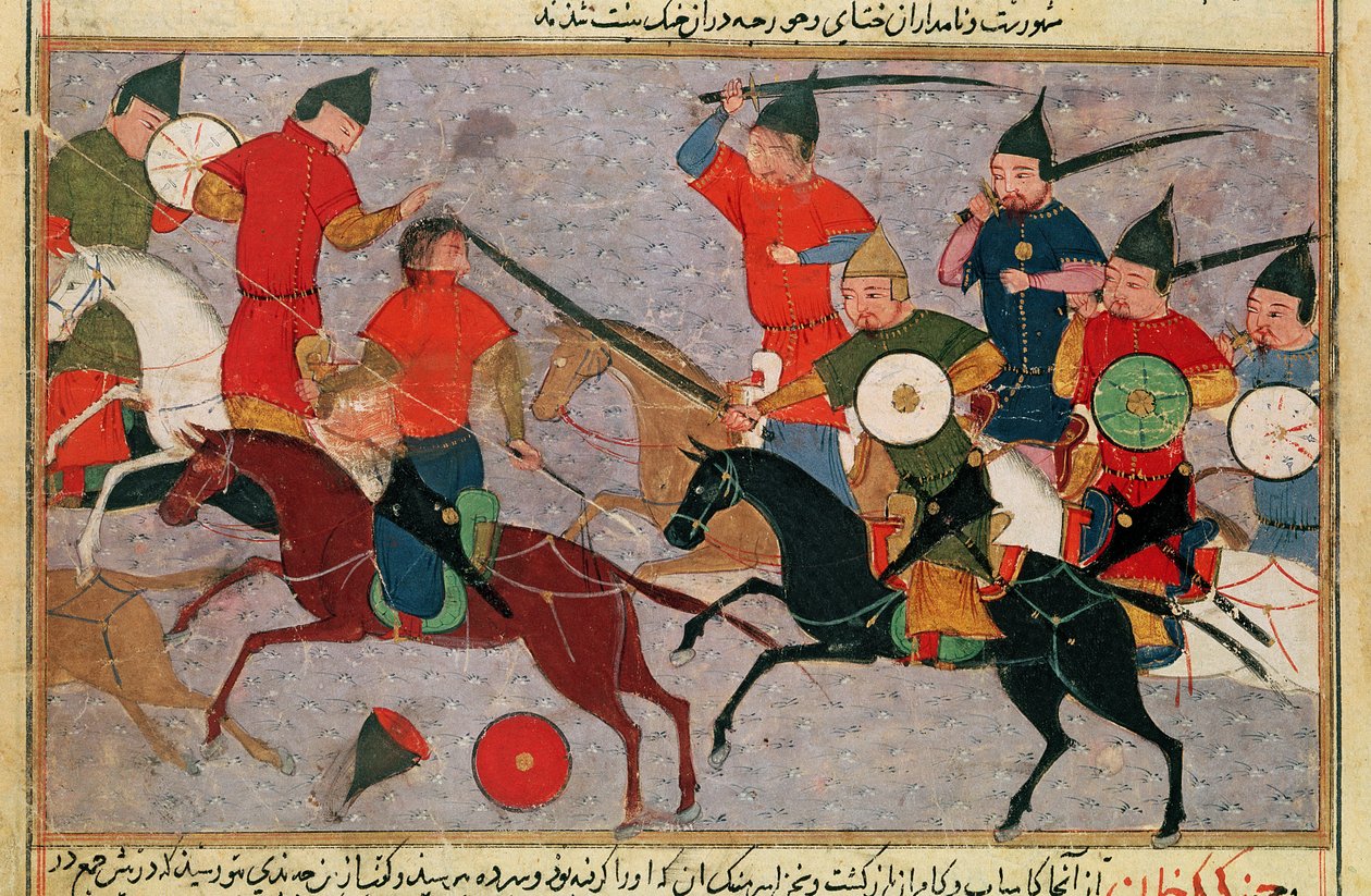 Ms Pers.113 f.49戦闘中のジンギスカン（c.1162-1227）、Rashid-al-Din（1247-1318）の本（ガッシュ） 作： ペルシャ語学校