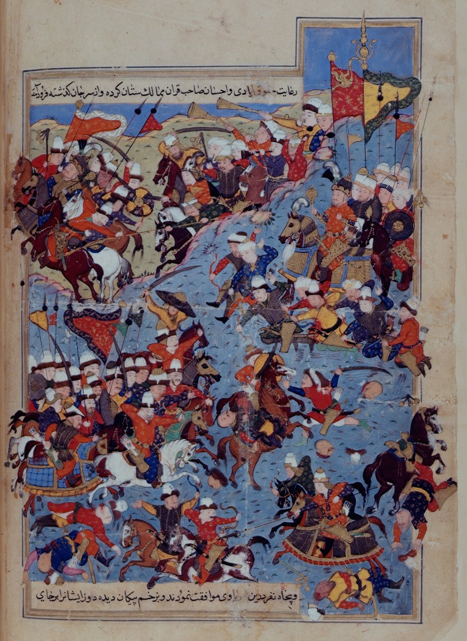 または 5736 fol.122v 1395 年のティムール (1336-1405) とトゥクタミッシュ カーンの戦い、トルコのミルフヴァンドの「Rawzat al-Safa」より 作： ペルシャ語学校
