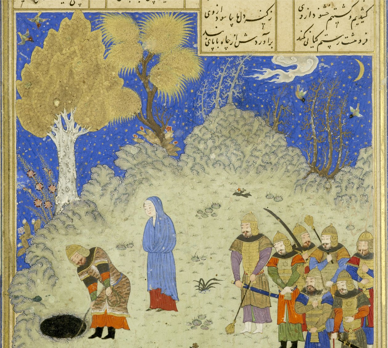 ペルシア人239 fol.180a詳細：ロスタムはピットからブージャンを救い、シャフナーマ（王の書）からの挿絵、Abul-Qasim Mansur Firdawsi（c.934-c.1020）、1444 作： ペルシャ語学校