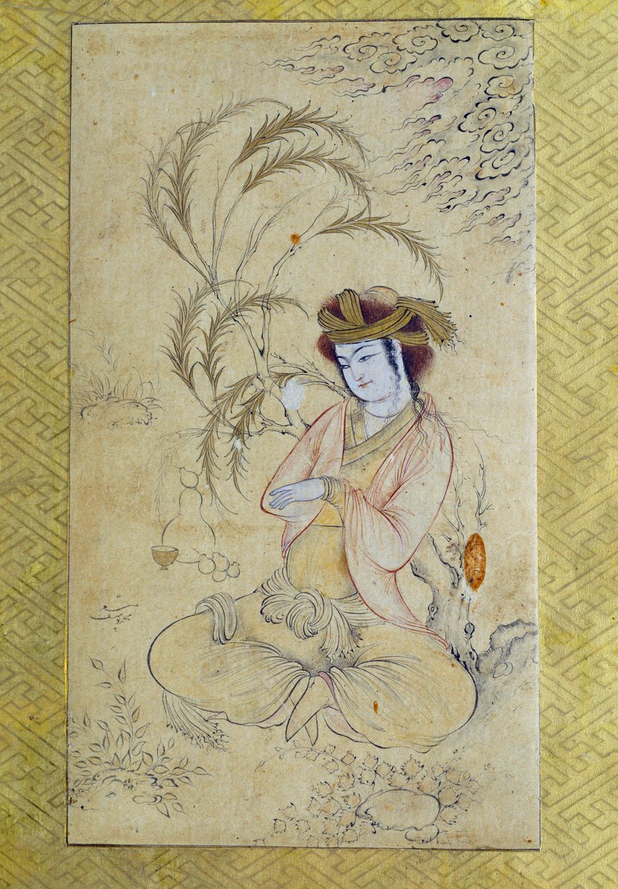 ペルシャ美術。「柳の下で回帰する青年」17世紀パリ、ルーヴル美術館、匿名グワッシュ 作： ペルシャ語学校
