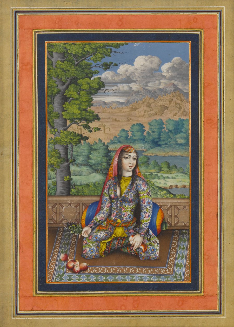 ペルシャの女性の肖像画、デイビスアルバムのフォリオ、1736-37年頃（インク、不透明の水彩画、紙に金） 作： ペルシャ語学校