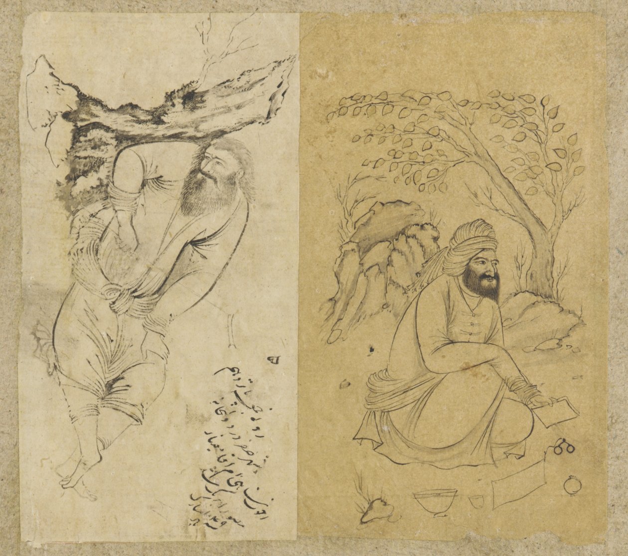 休息する人、イスファハン、サファヴィー朝、1639年（紙にインク） 作： ペルシャ語学校