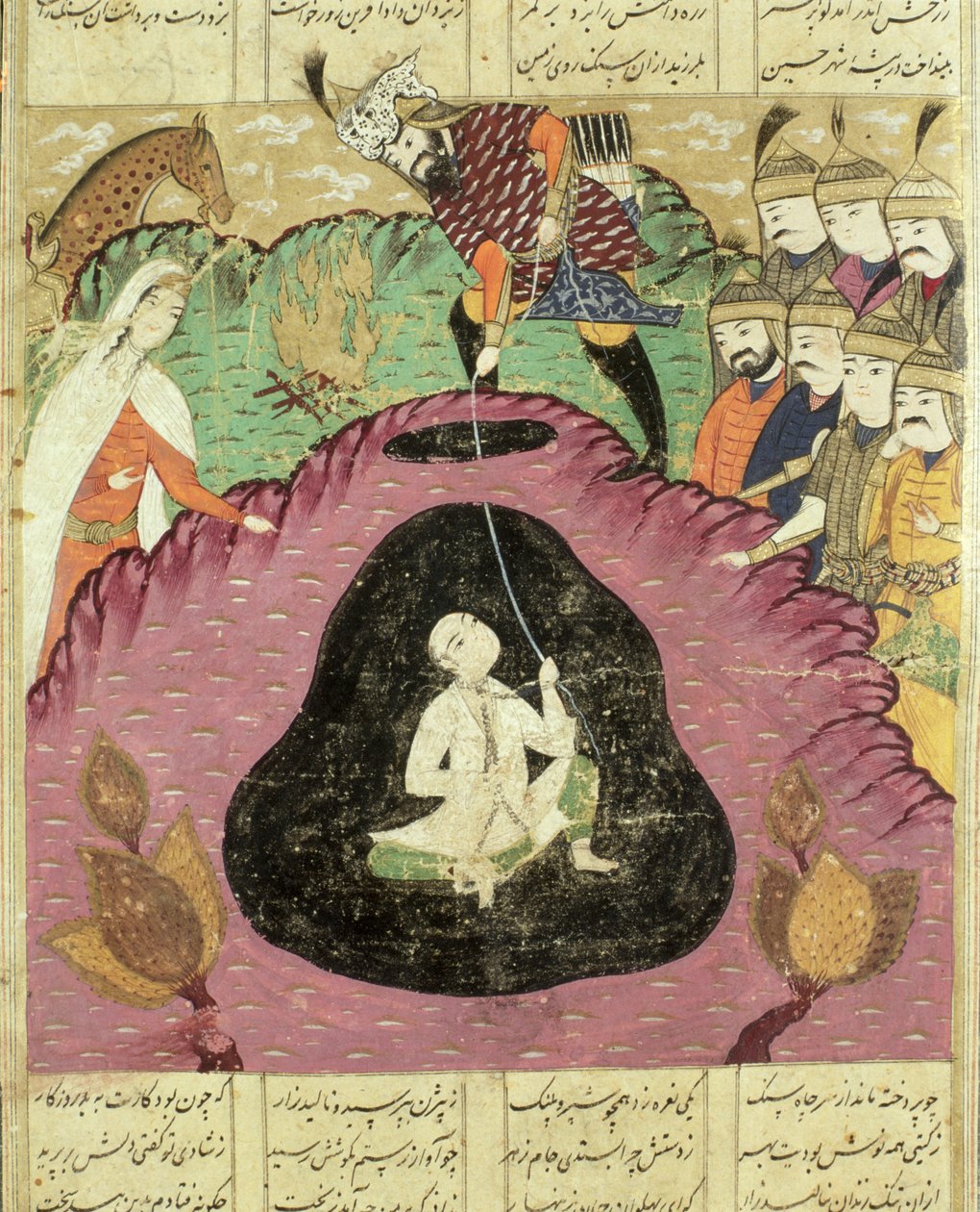 洞窟からビジャンを引っ張るロスタム、アブル・カシム・マヌール・フィルダウシ（c.934-c.1020）1619によるShahnama（Book of Kings）のイラスト 作： ペルシャ語学校
