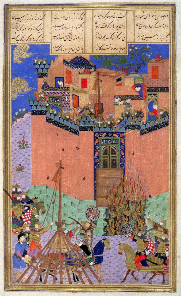 Rustam監督ガンビヒシュトの包囲、Shahnama（Book of Kings）のイラスト、Abul-Qasim Manur Firdawsi（c.934-c.1020）c.1440-45（pen、ink＆WC on vellum） 作： ペルシャ語学校