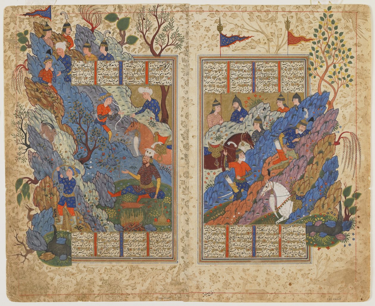 Rustamは、Shahnama（Book of kings）、c.1590-1600（インク、不透明な水彩画、紙に金）からBahmanが転がした岩を蹴り返します。 作： ペルシャ語学校