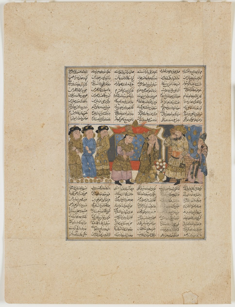 フィダウシ（d.1020）によるShahnama（Book of Kings）からのSiyavushに対する非難のスダバ（紙に不透明な水彩、インク、金、銀） 作： ペルシャ語学校