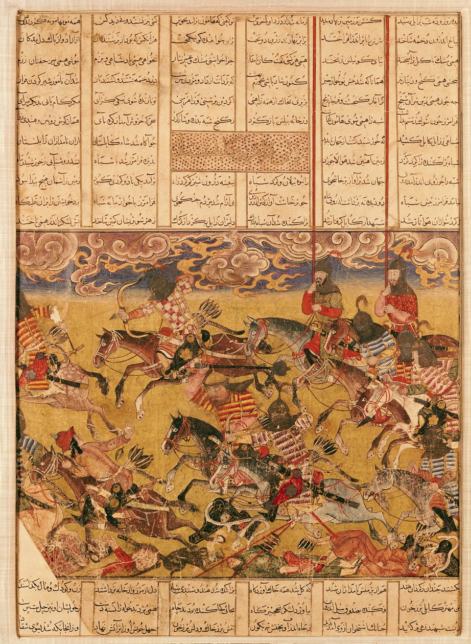 アブラル・カシム・マヌール・フィルダウシ（c.934-c.1020）による「Shahnama（Book of Kings）」のイラストによるファラモウズの騎士団の突撃（ガッシュ紙） 作： ペルシャ語学校