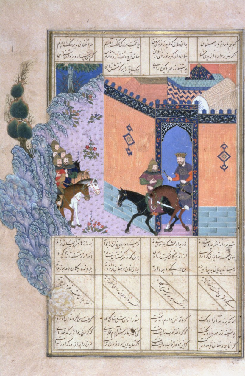 クバードの脱出、シャフナーマ（王の書）のイラスト、Abul-Qasim Manur Firdawsi（c.934-c.1020）c.1440-45（ペン、インク、ベラムのインク） 作： ペルシャ語学校