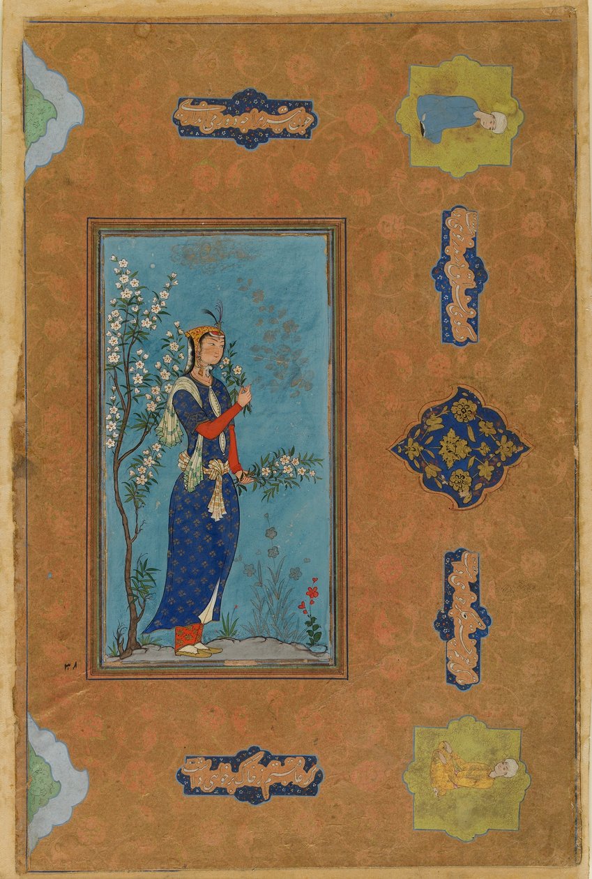花のしぶきを持つ女性、サファヴィー朝、1575年頃（紙と紙と金） 作： ペルシャ語学校