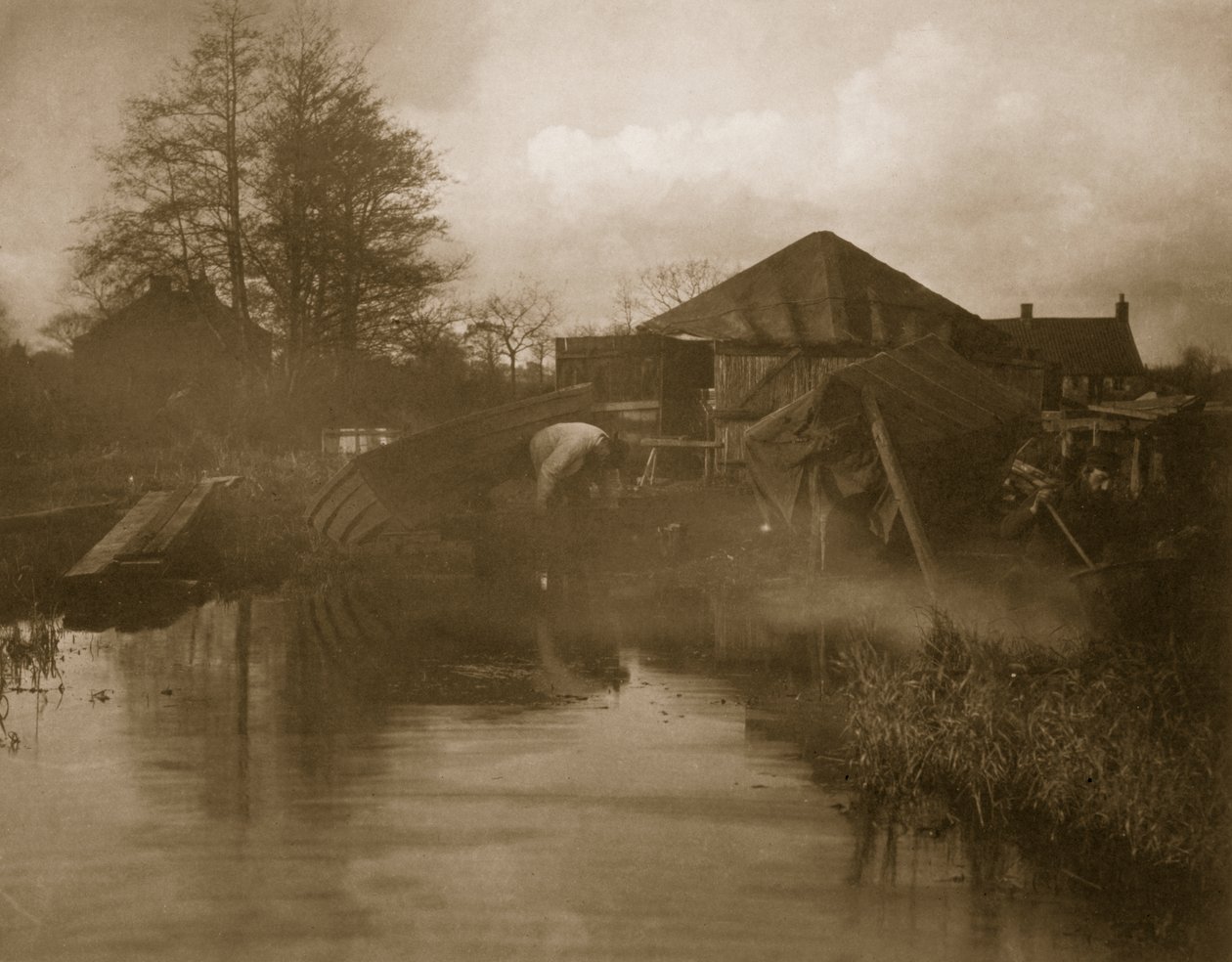 ノーフォークブローズの生活と景観、1886年頃のノーフォークボートヤード 作： ピーター・エマーソンとトーマス・グドール